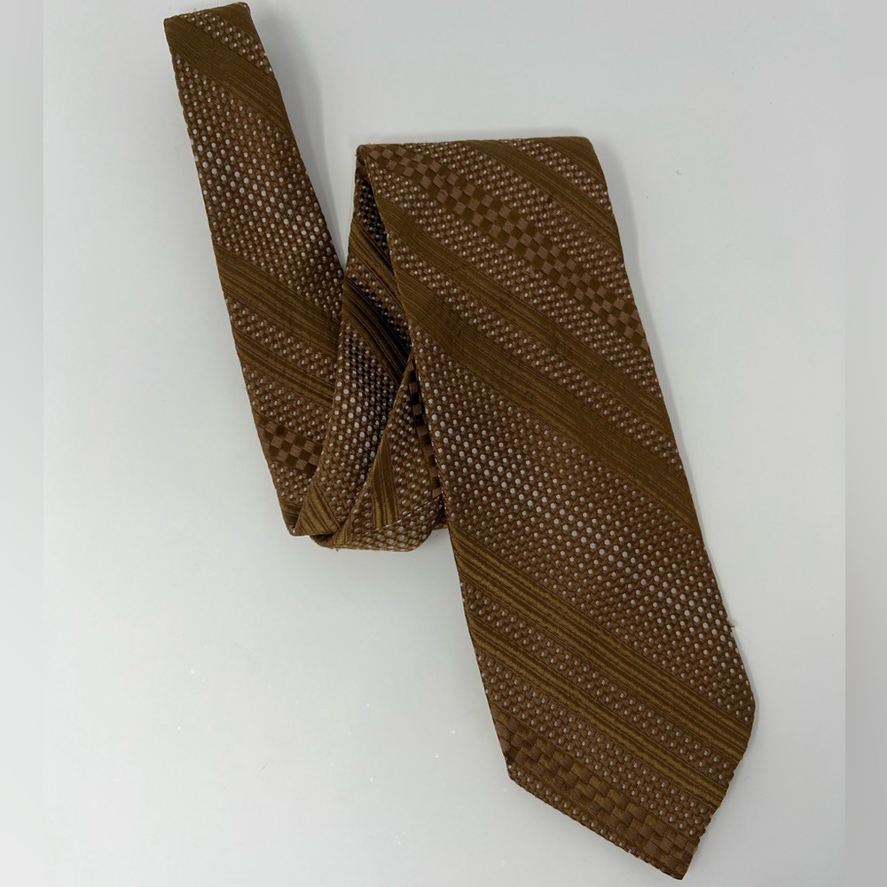 Vintage Yves Francois neck tie, brown / tan,‎ polyester, polkadot, stripe